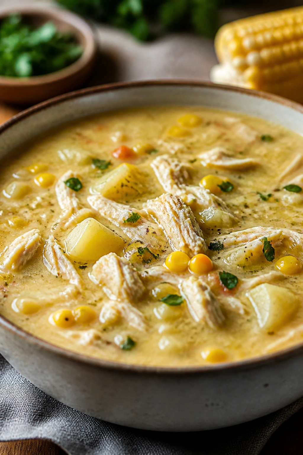 Creamy chicken and corn chowder with shredded chicken and corn in a bowl