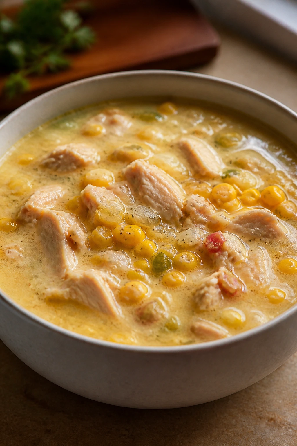 Creamy chicken corn chowder in a bowl with chicken and corn
