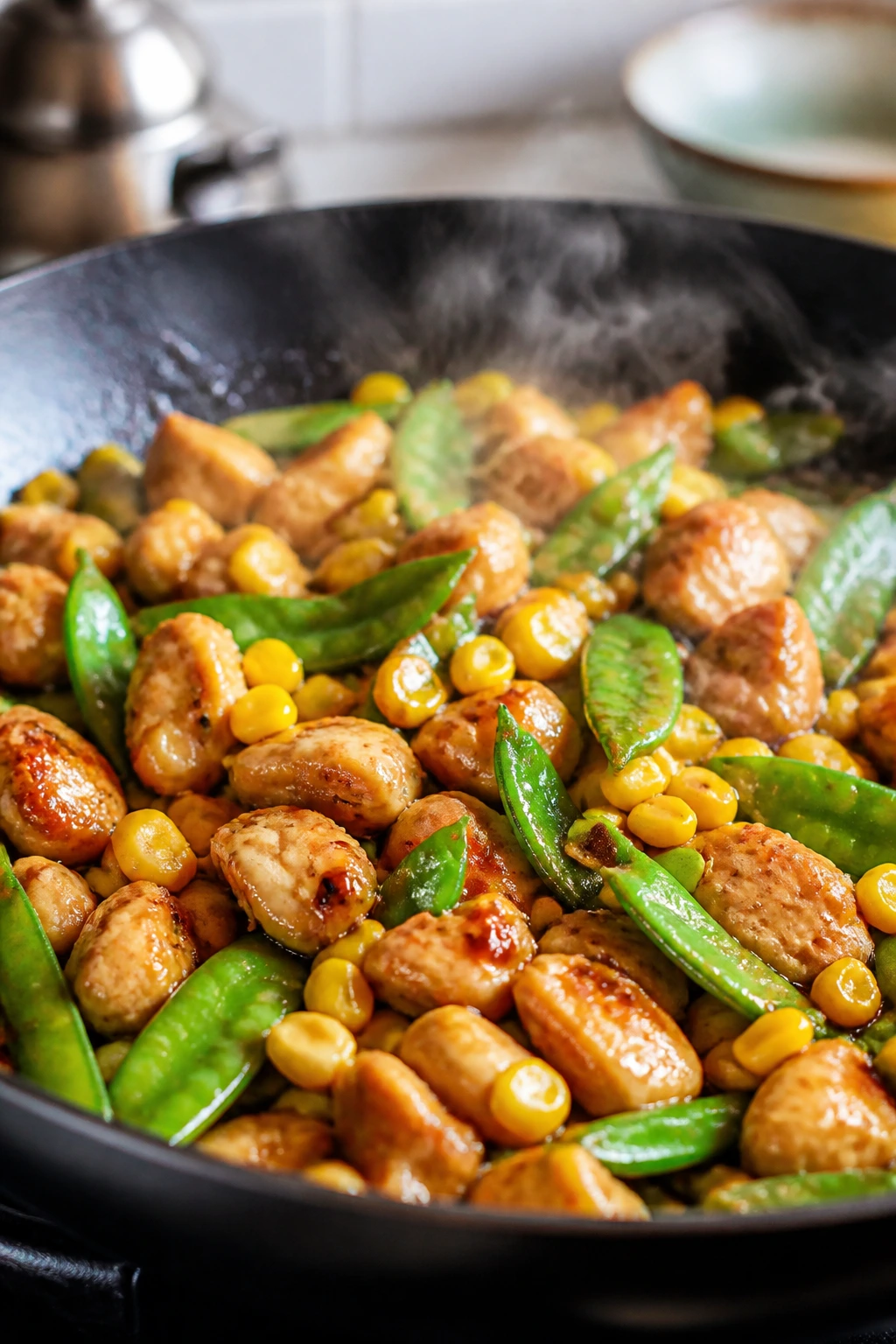 Close-up of chicken corn snow pea stir-fry filling the frame