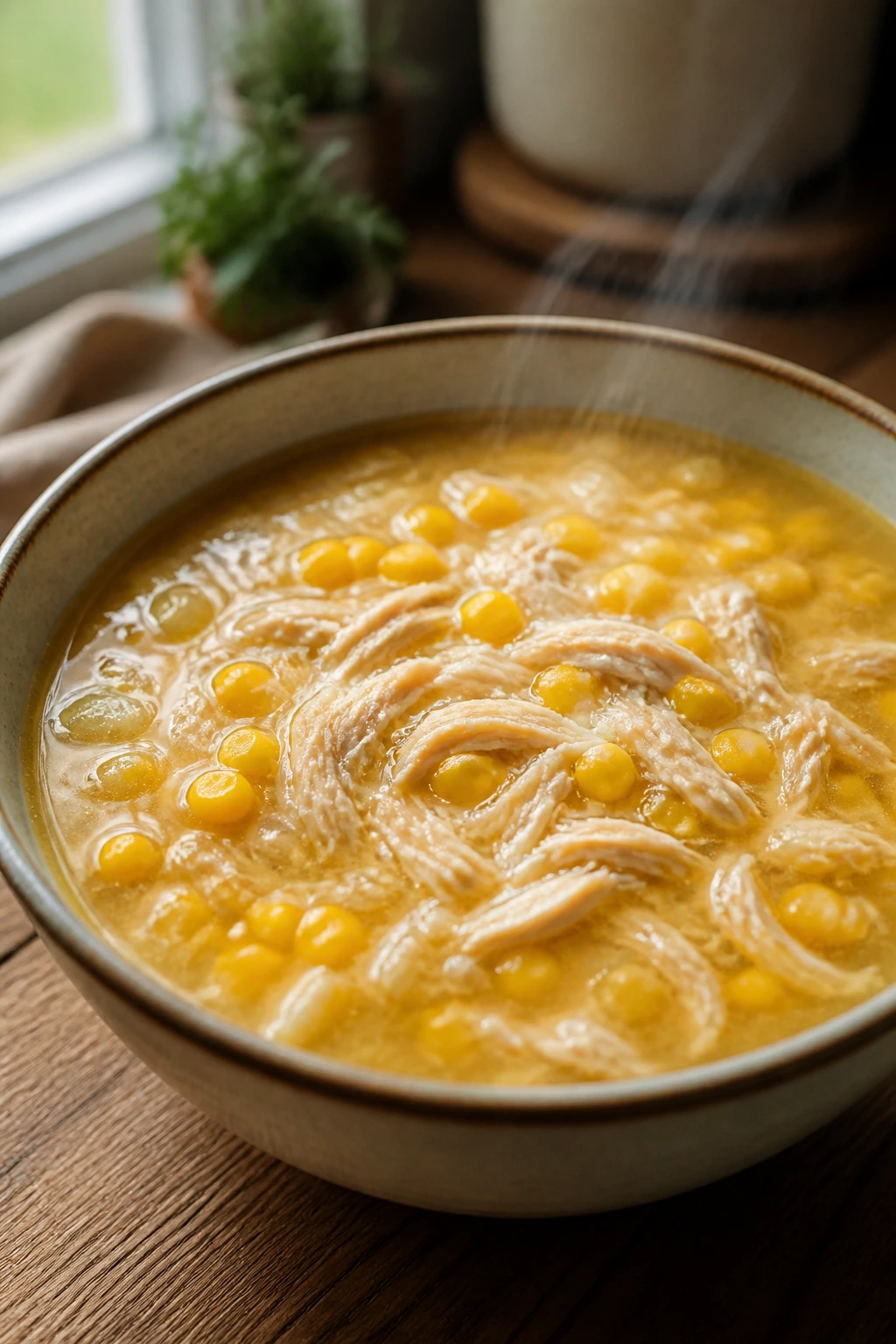 Chicken and corn soup with corn kernels and shredded chicken
