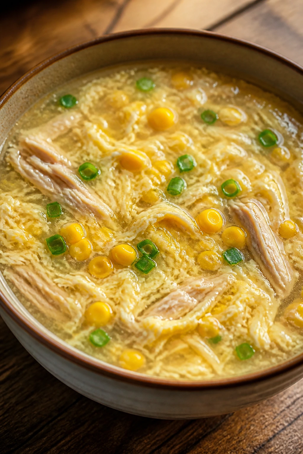 Chinese Chicken Corn Soup: creamy broth with corn and egg ribbons in a bowl.