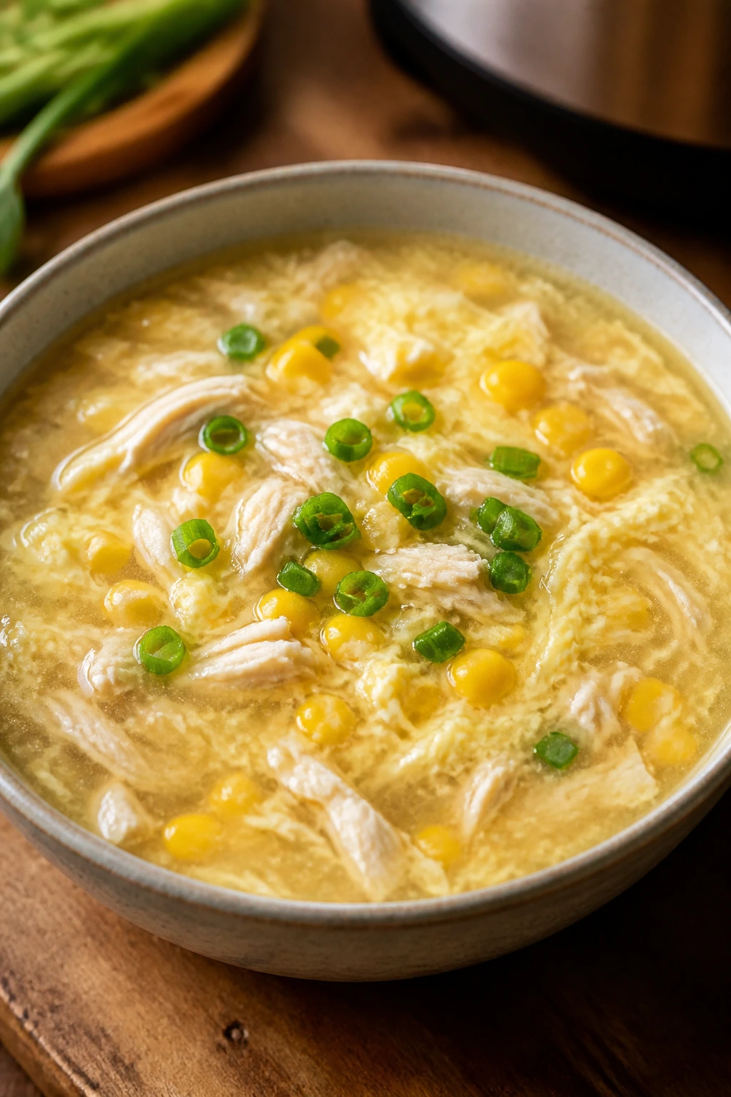 Steaming bowl of chicken and corn soup with visible corn and chicken