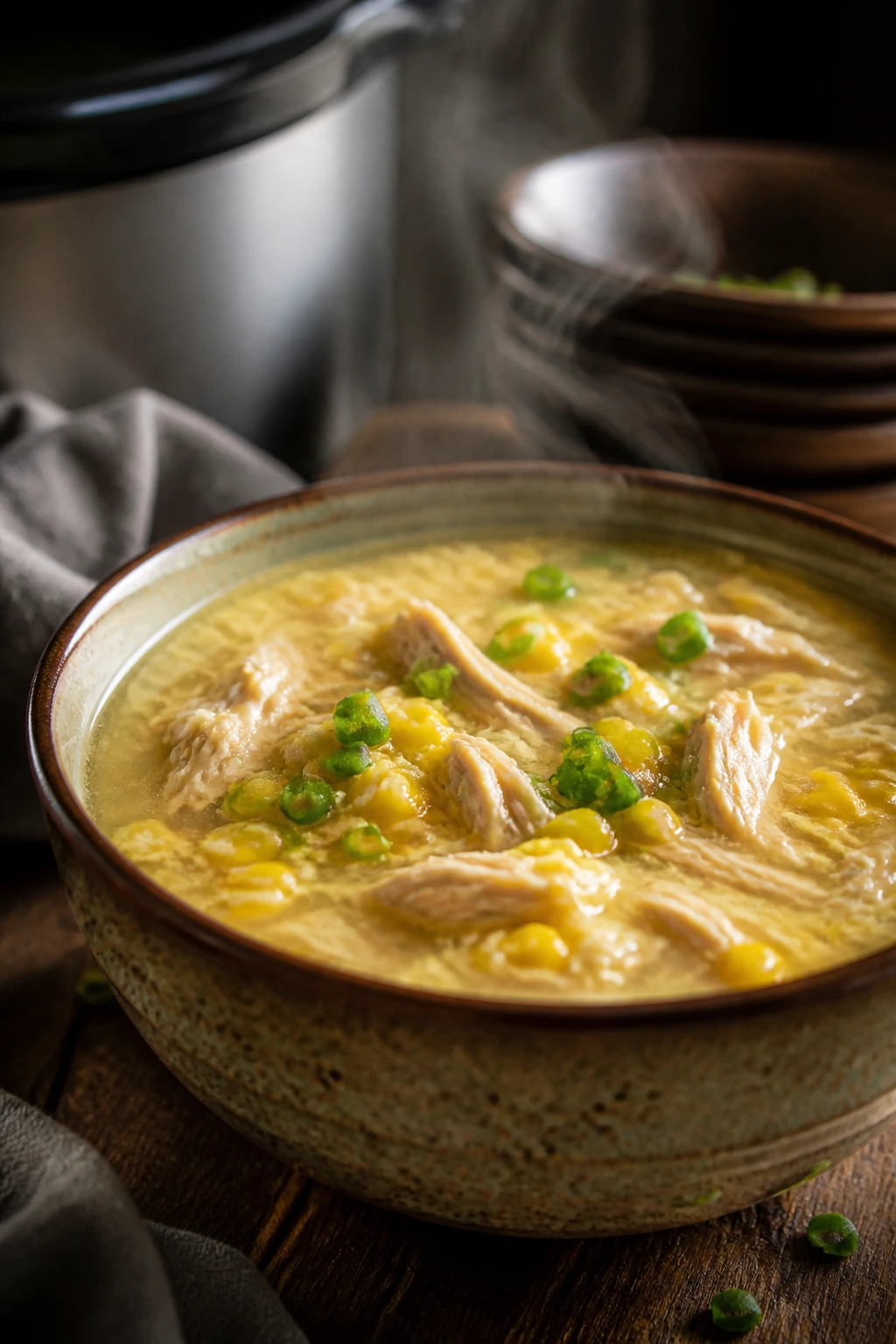 Close-up of steaming chicken and corn soup in a bowl