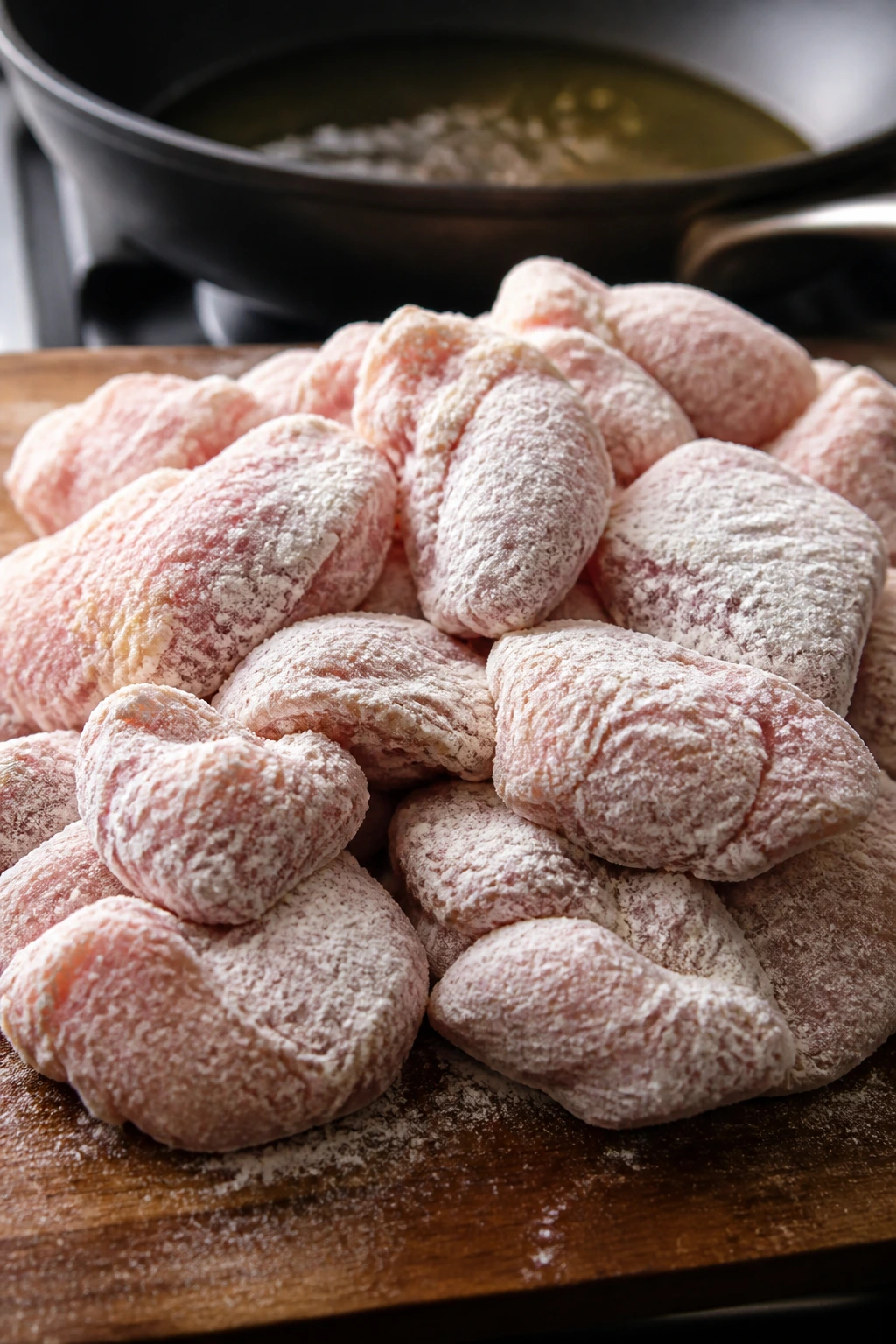 Raw chicken pieces with cornstarch crust ready to sear