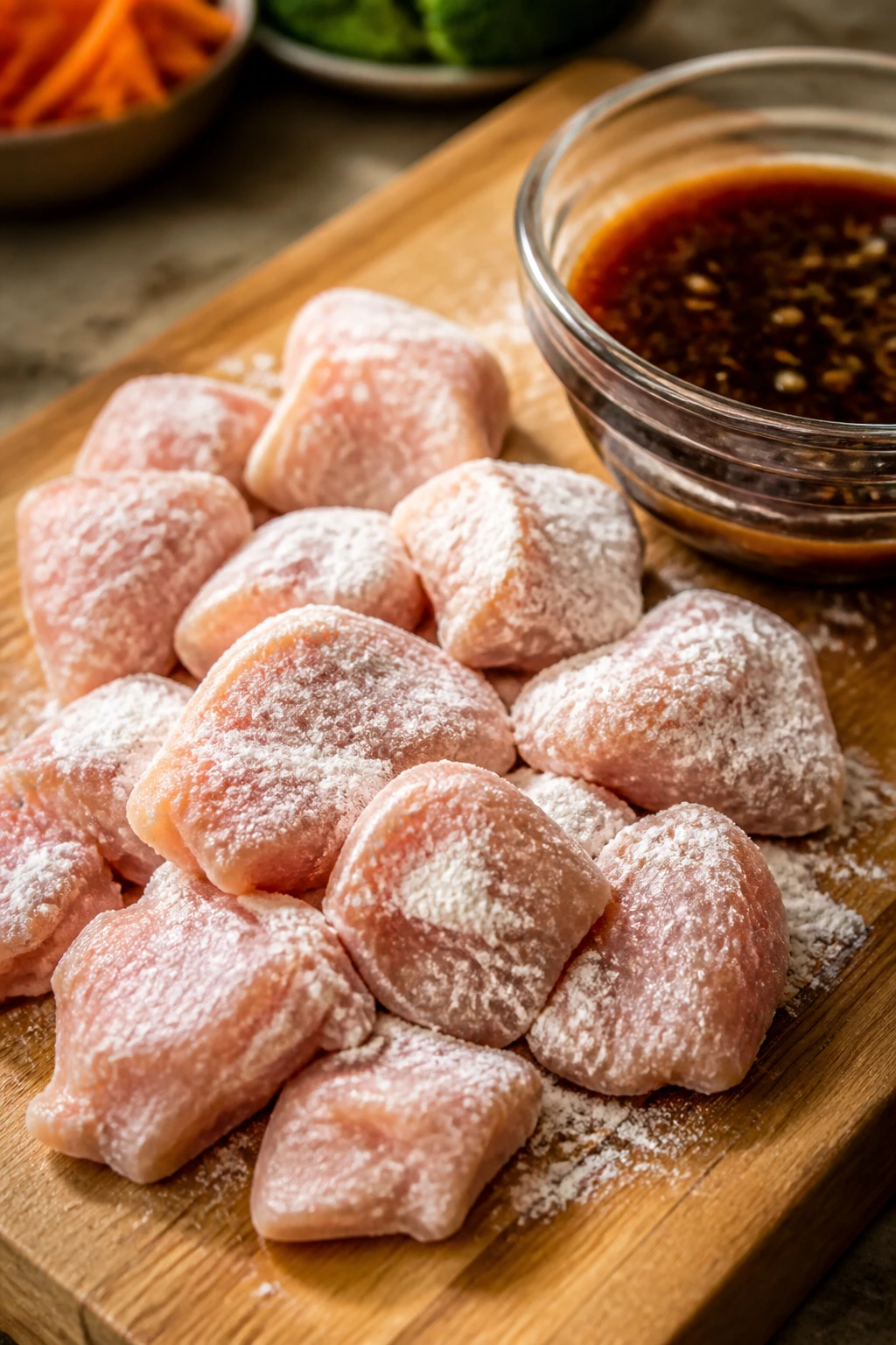 Close-up of chicken pieces dusted with cornstarch for teriyaki prep on wooden board