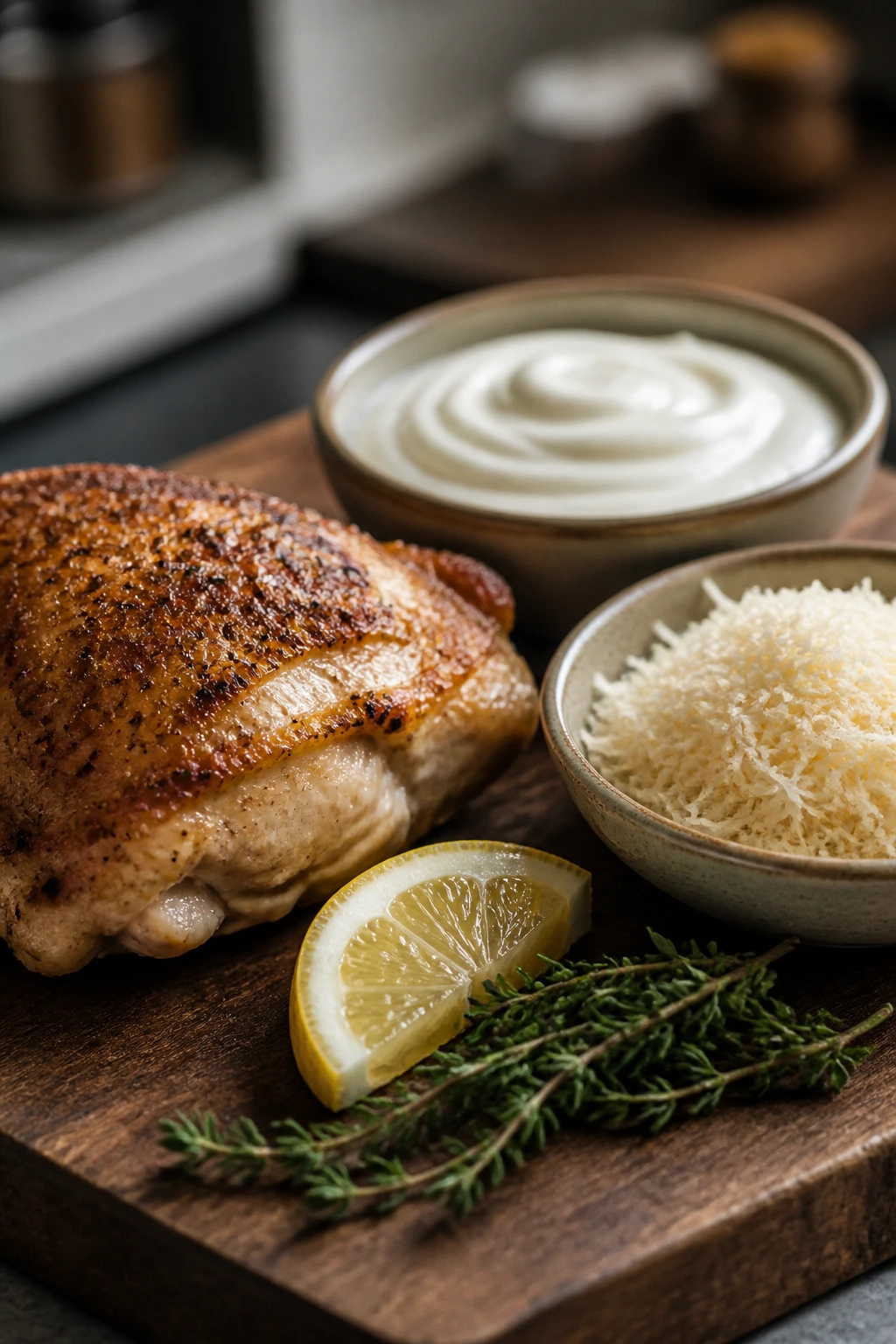 Close-up of key ingredients (chicken, cream, Parmesan, lemon, thyme) highlighting flavors.