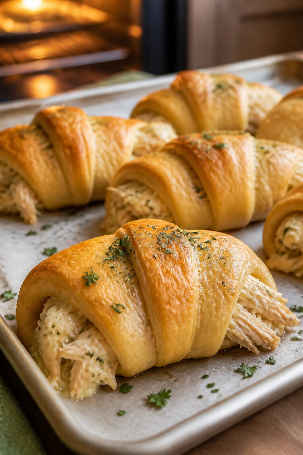 Close-up of chicken crescent roll-ups on a parchment-lined baking sheet in a warm kitchen.