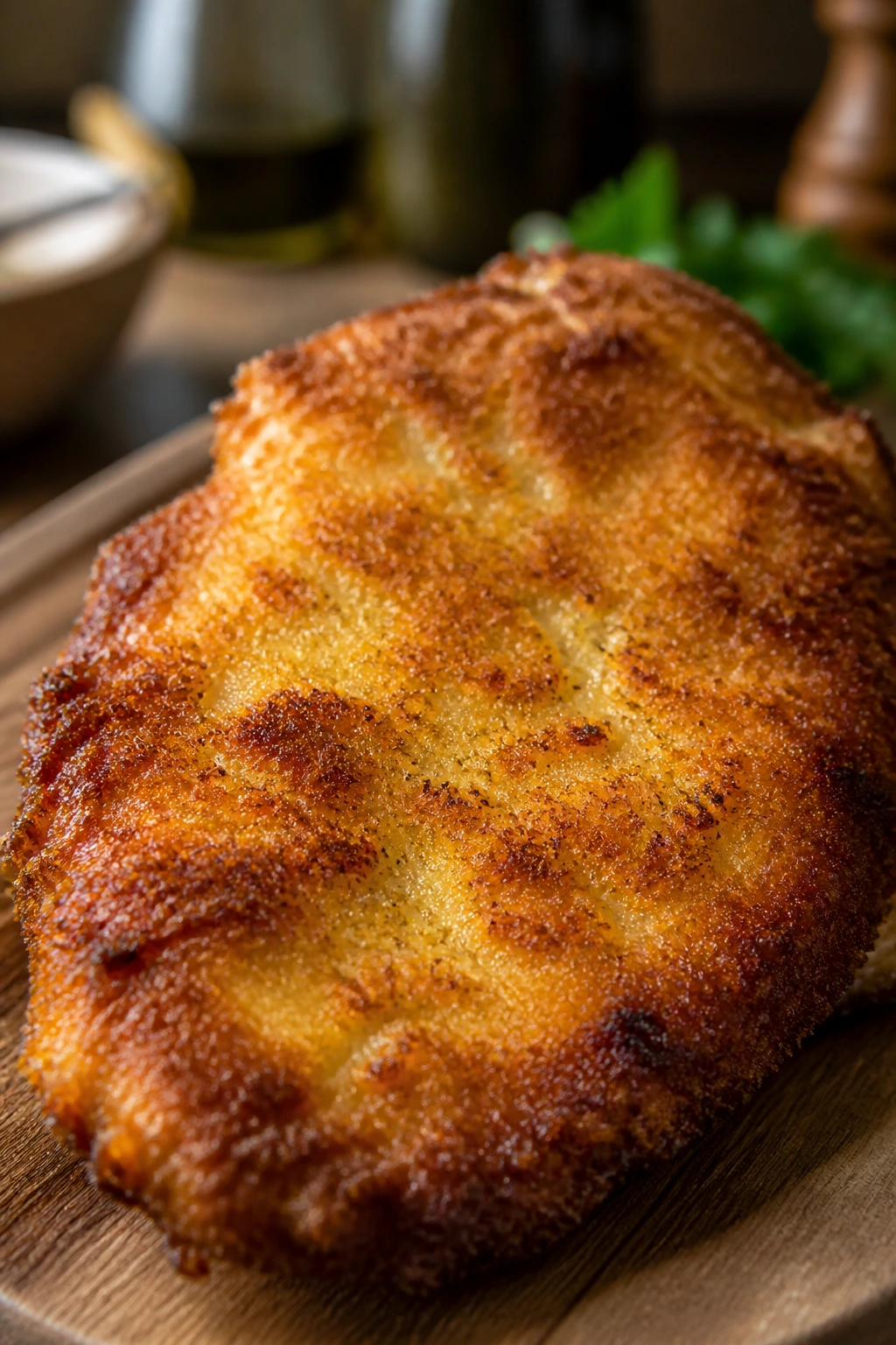 Close-up of a crisp chicken cutlet highlighting crust and browning.