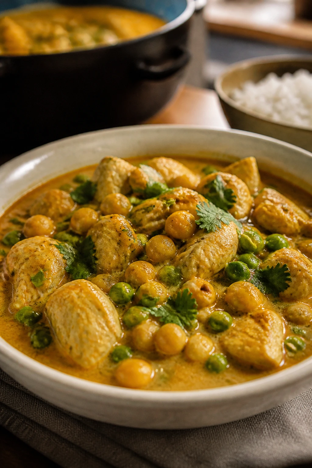 Creamy coconut curry with chicken and chickpeas in bowl