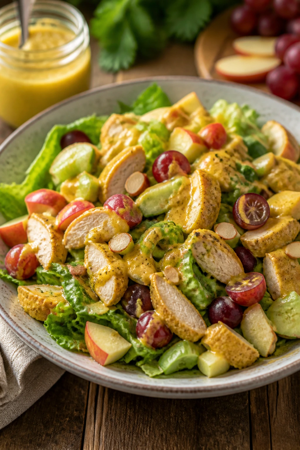 Plated Crisp Chicken Curry Salad on a rustic table
