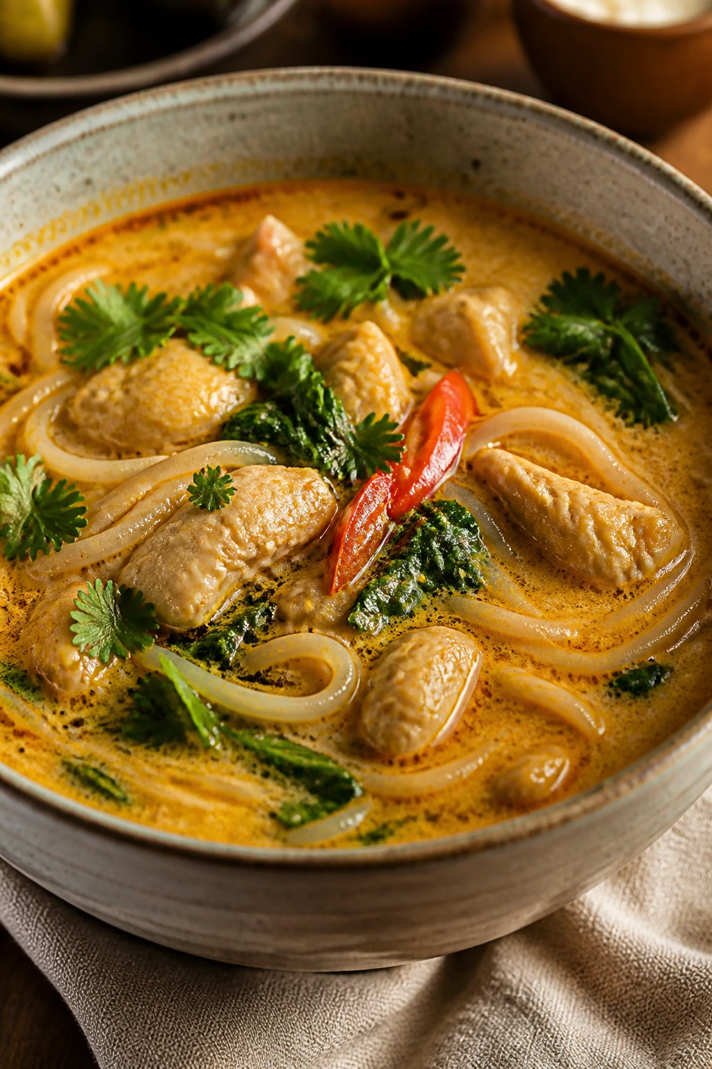 Close-up of chicken curry soup with rice noodles in a bowl