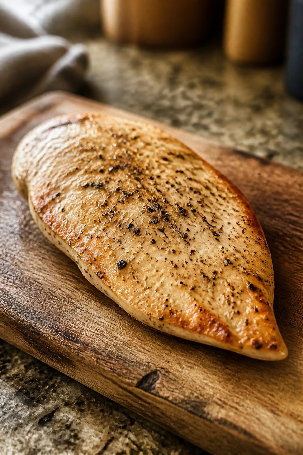 Single chicken cutlet on wooden board showing even shape and browning