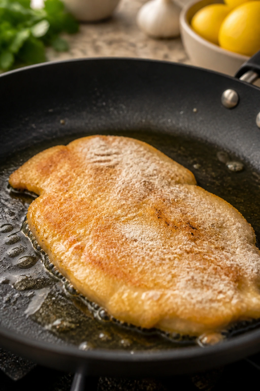 Close-up of a lightly dusted chicken cutlet ready to sear in a pan.