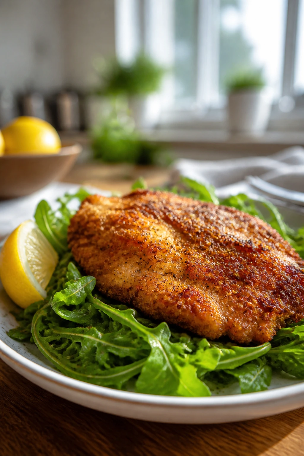 Close-up of crispy chicken cutlet on arugula salad with lemon in a sunlit kitchen