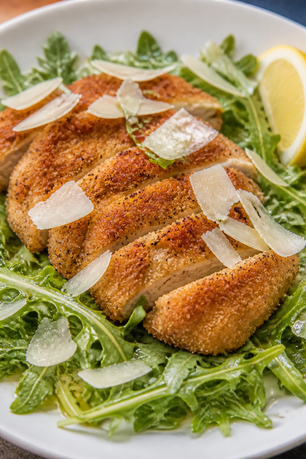 Golden chicken cutlets with arugula and shaved Parmesan on plate