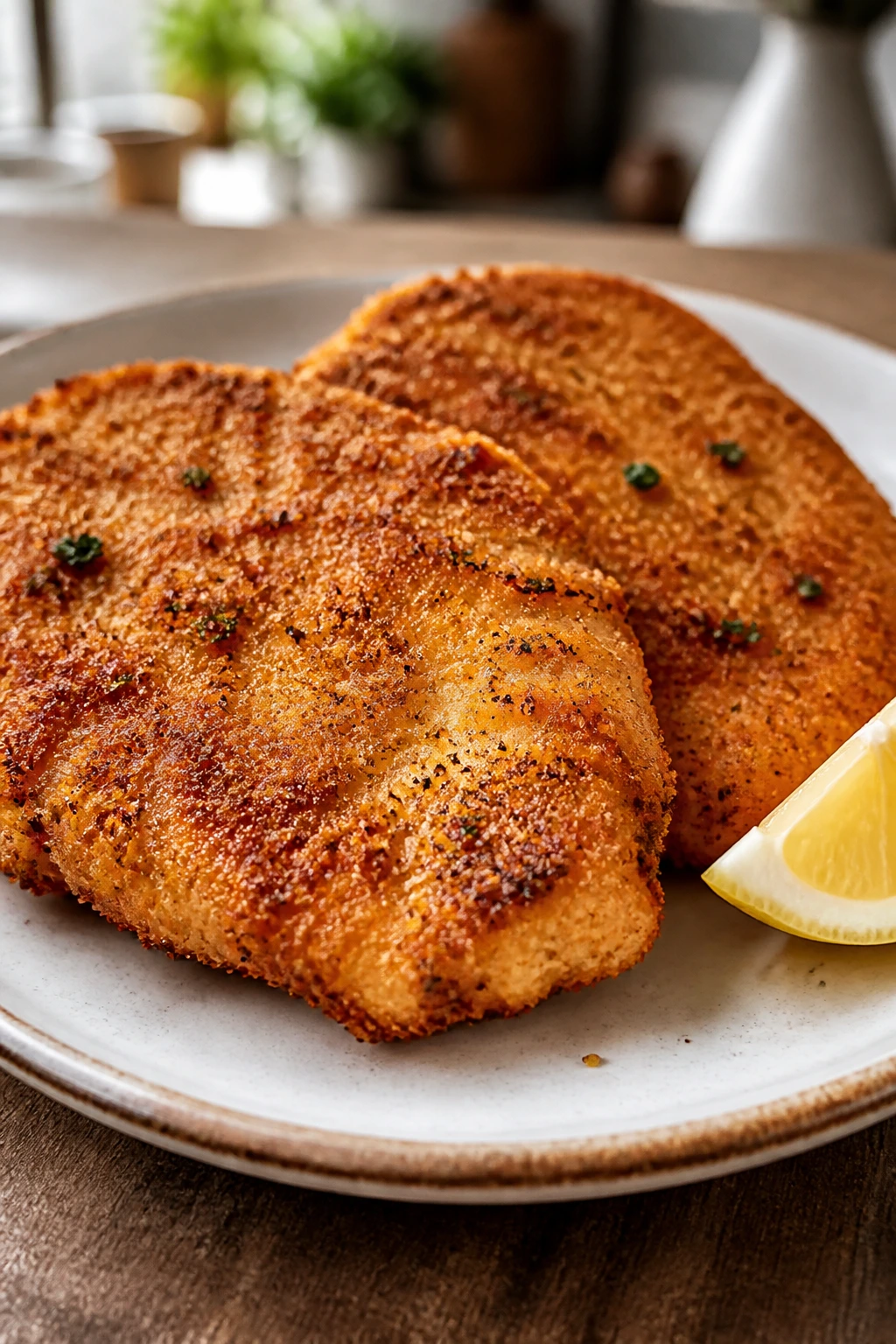 Golden fried chicken cutlets on a plate with lemon wedges