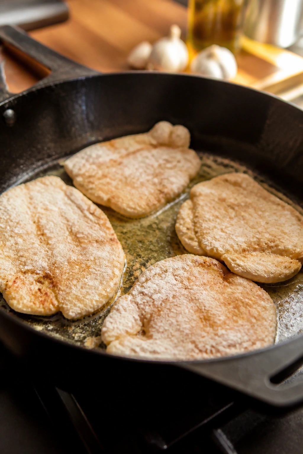 Dredged chicken cutlets browning in a skillet.