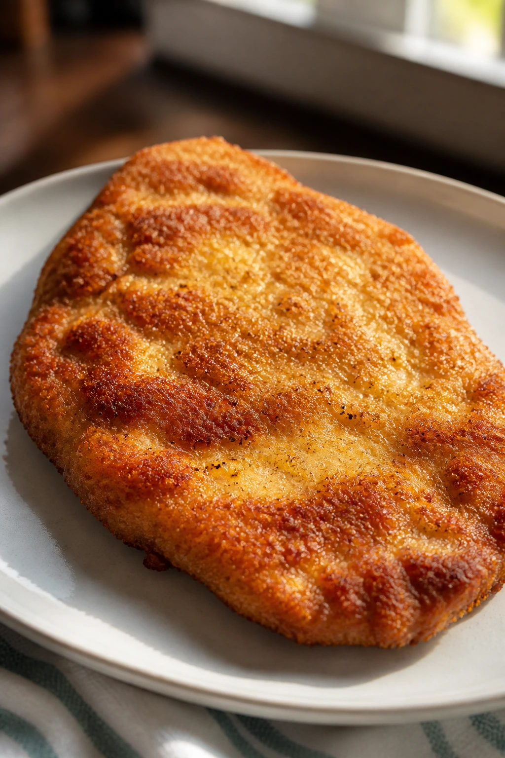 Golden crusted chicken cutlet on plate in cozy kitchen.