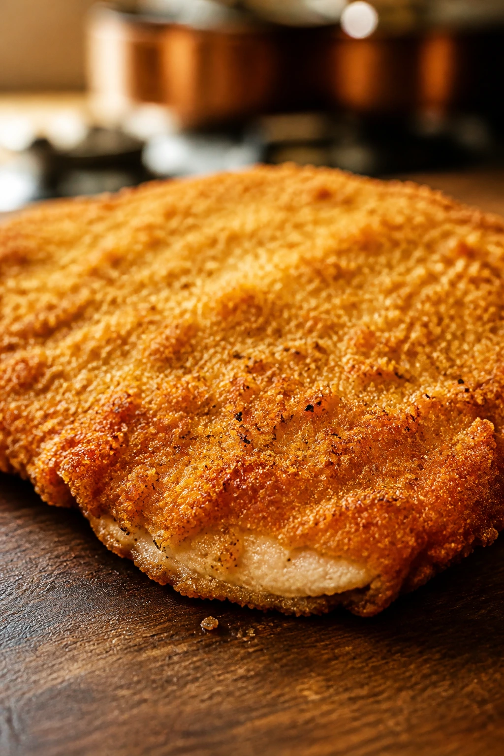 Single thin chicken cutlet with crackly crust illustrating the middle ground between schnitzel and fried chicken.