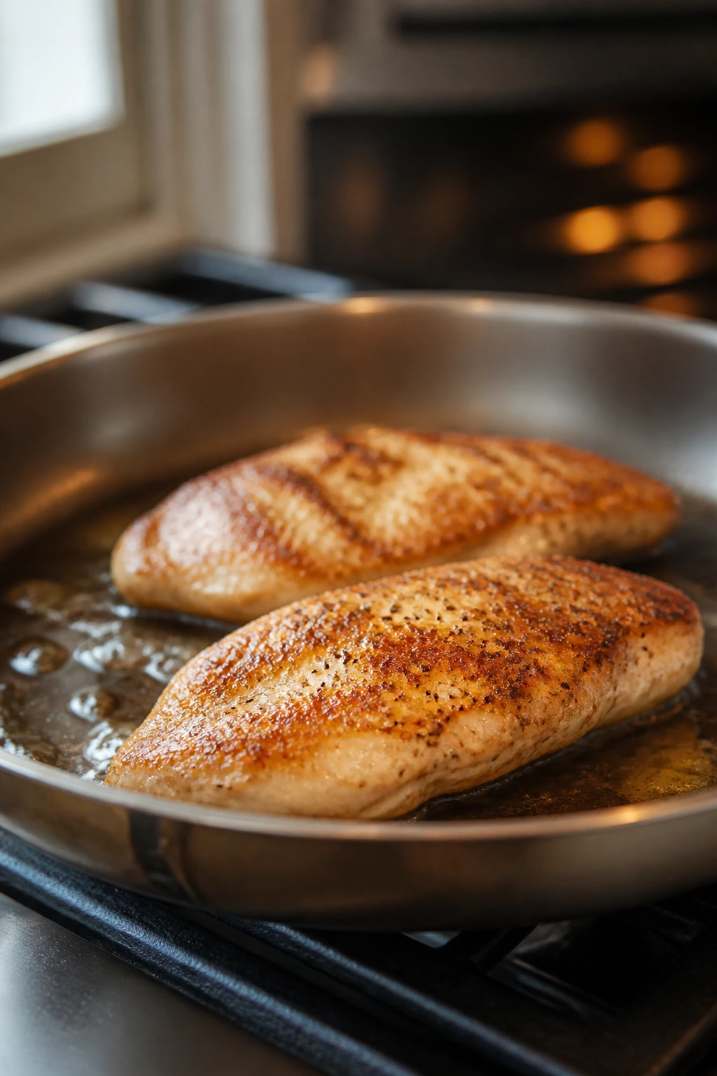 Close-up of chicken cutlets browning in a sear-roast skillet, juicy and crisp.