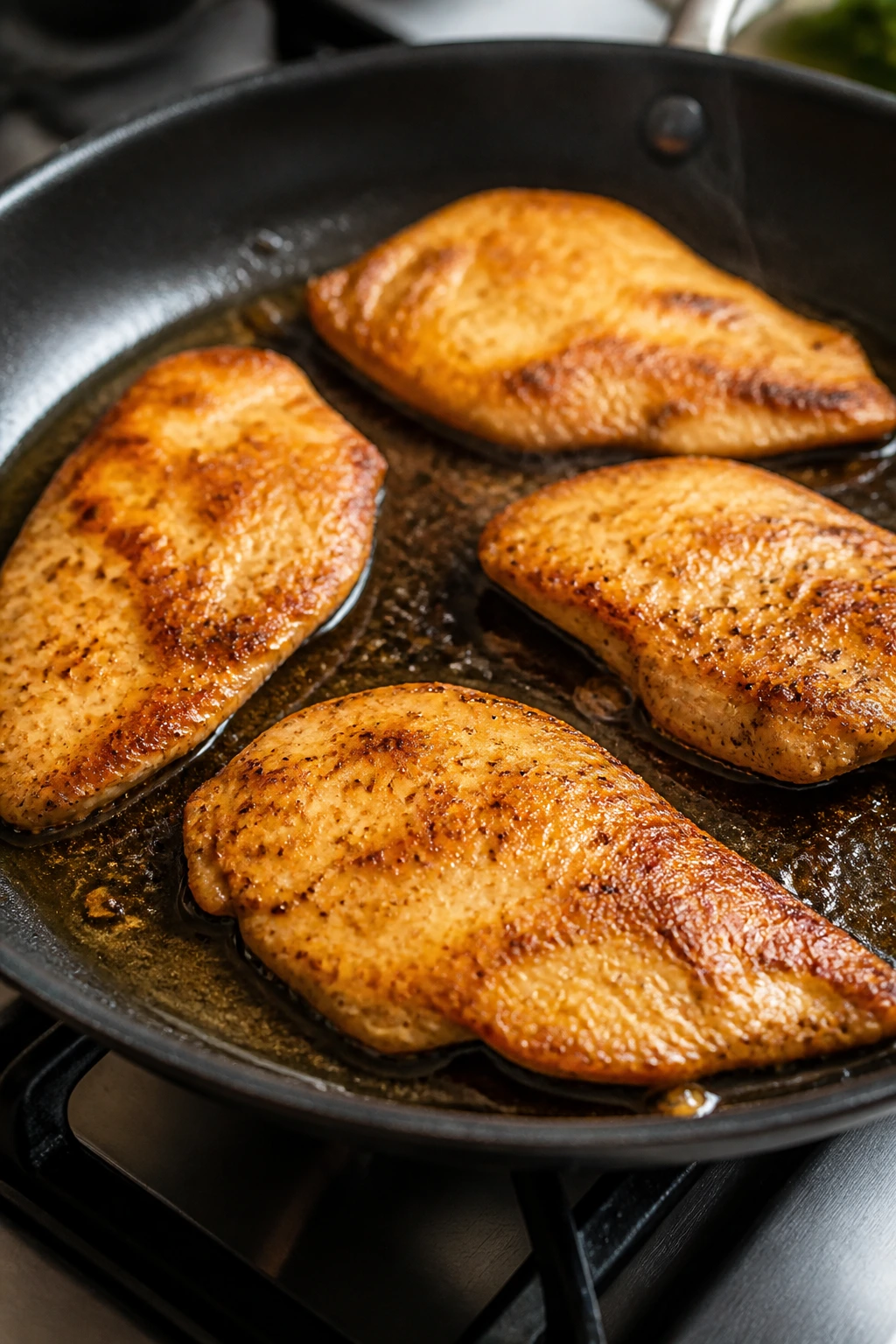 Close-up of golden-brown chicken cutlets searing in a skillet on a kitchen stove.