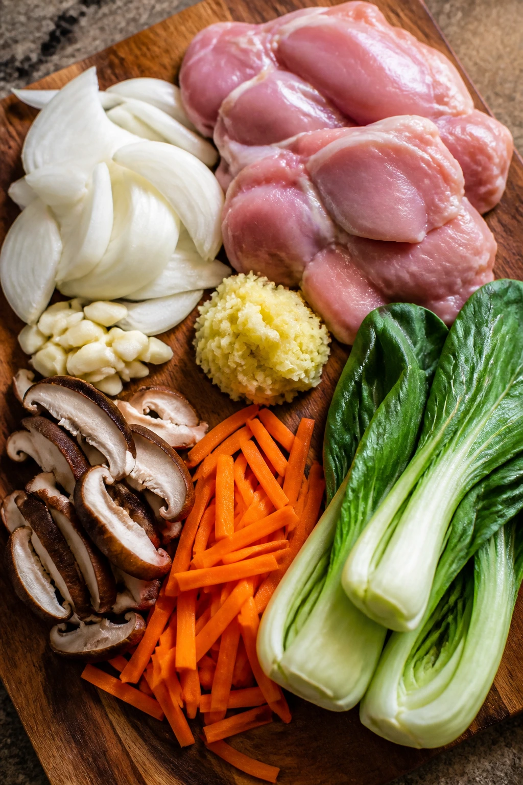 Overhead view of raw ingredients for soup on a cutting board.
