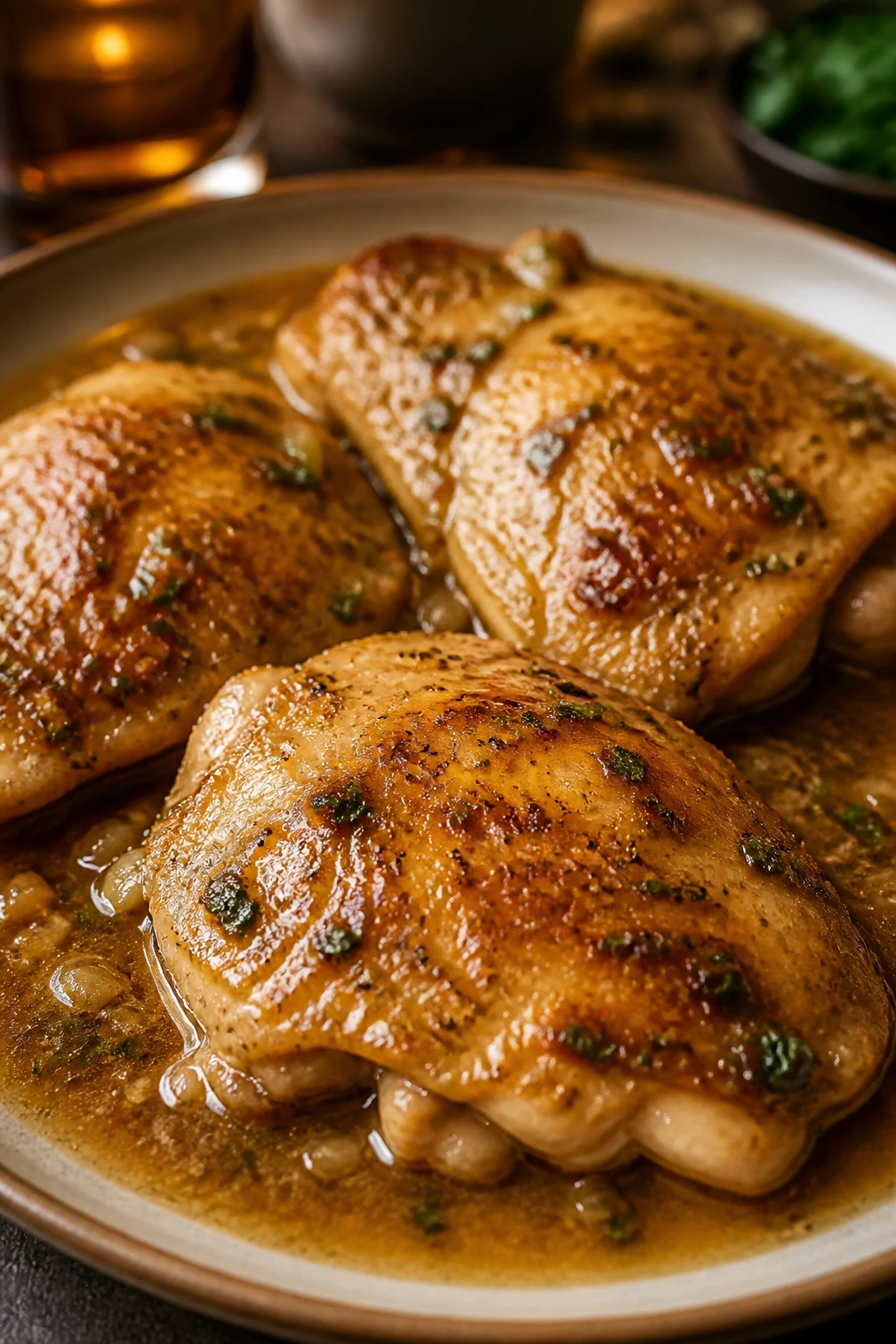 Plate of chicken with glossy sauce filling the frame, ready for dinner.