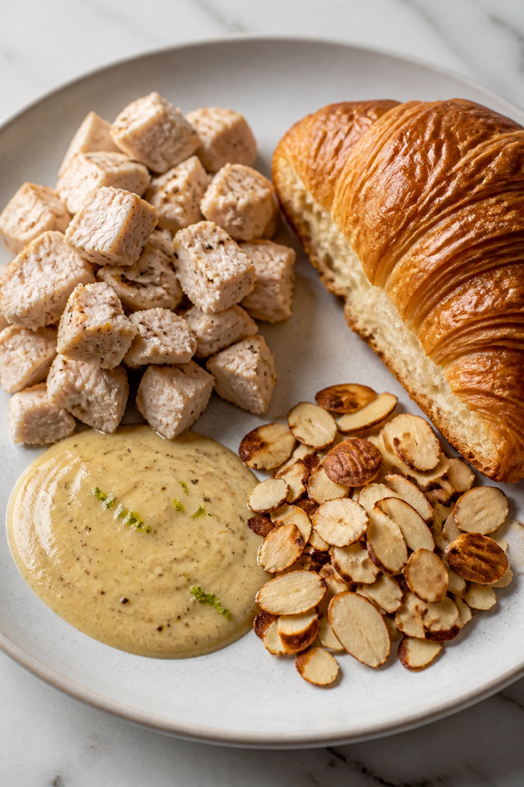 Four components—chicken, dressing, almonds, croissant—laid out on a plate
