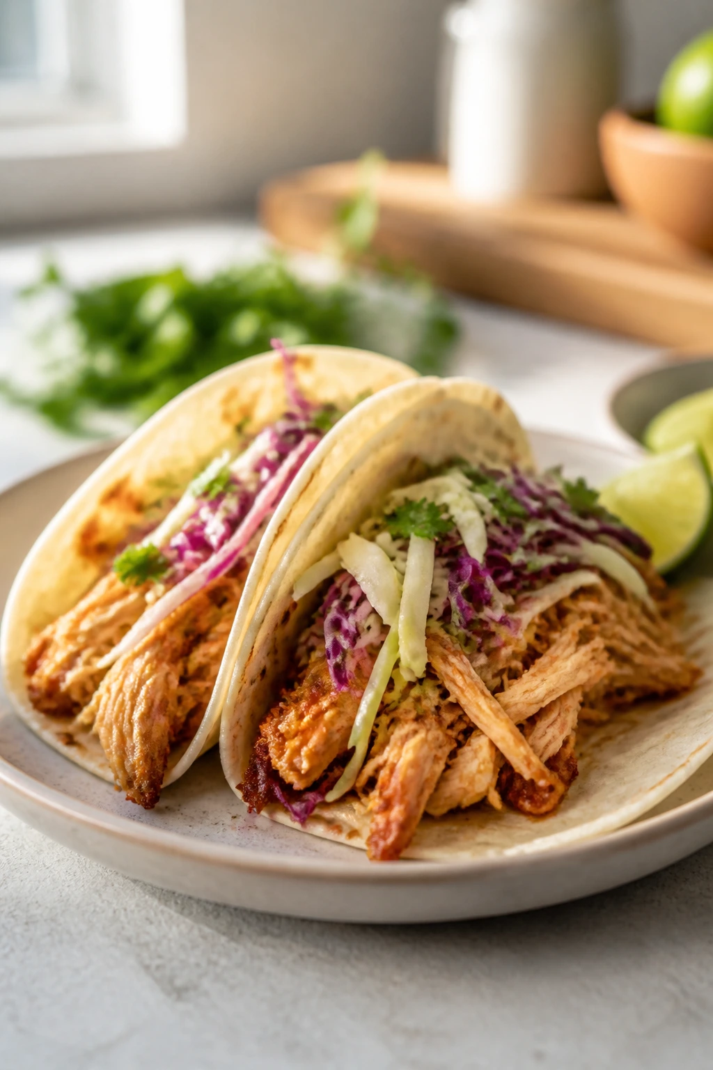 Two tacos filled with pulled chicken and cabbage on a plate in a bright kitchen