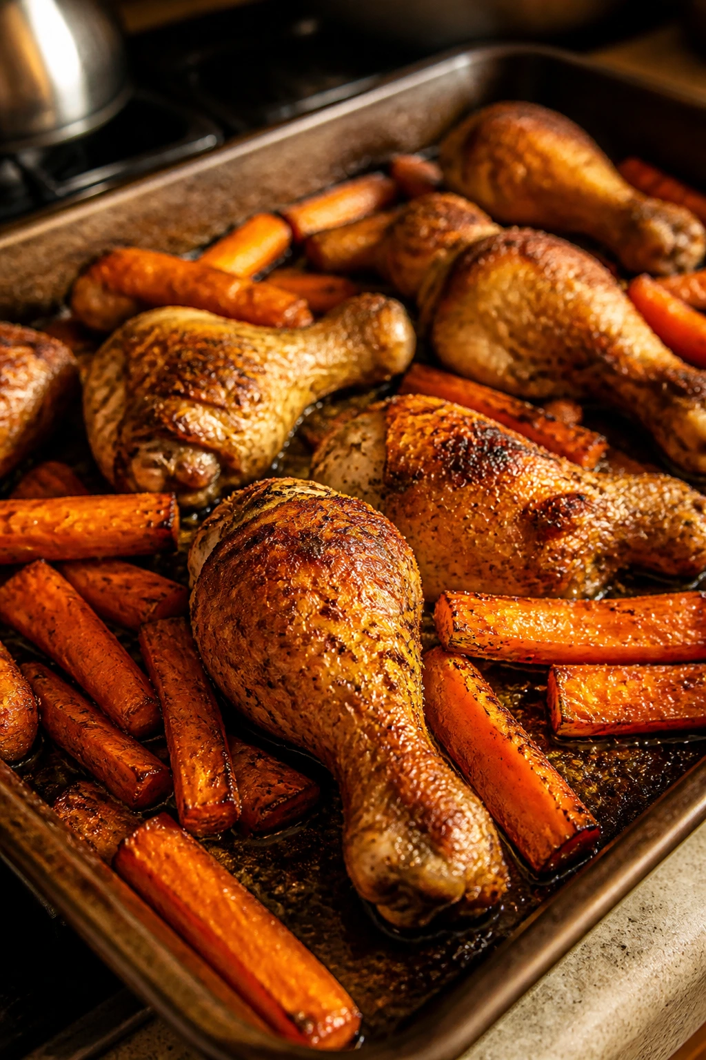 Sheet pan of baked chicken drumsticks and carrots