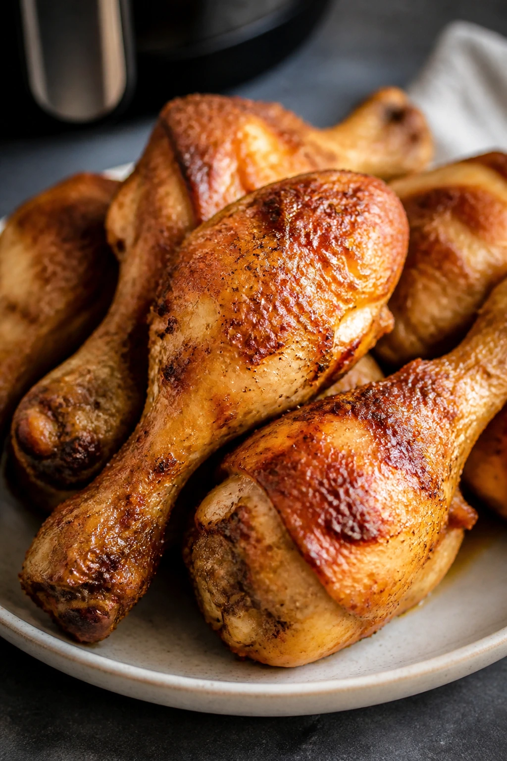 Close-up of crispy chicken drumsticks on a plate