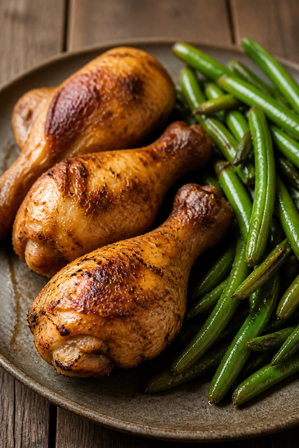 Close-up of chicken drumsticks with green beans on a plate