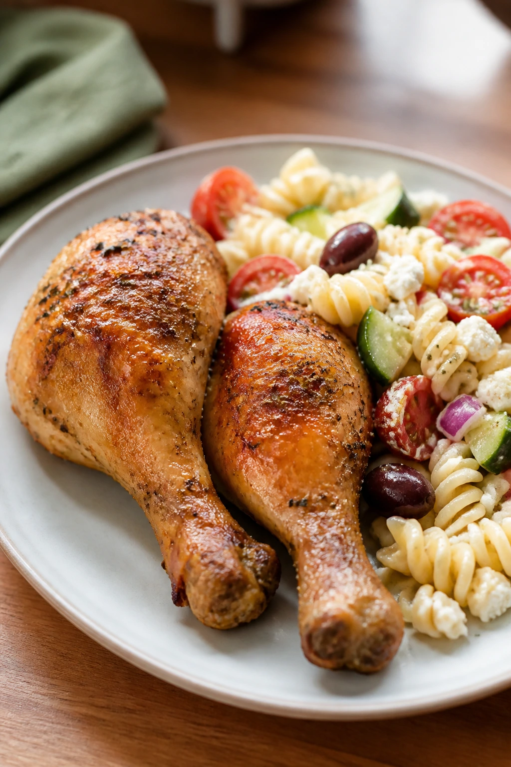 Close-up of crispy baked chicken drumsticks with pasta salad on a plate