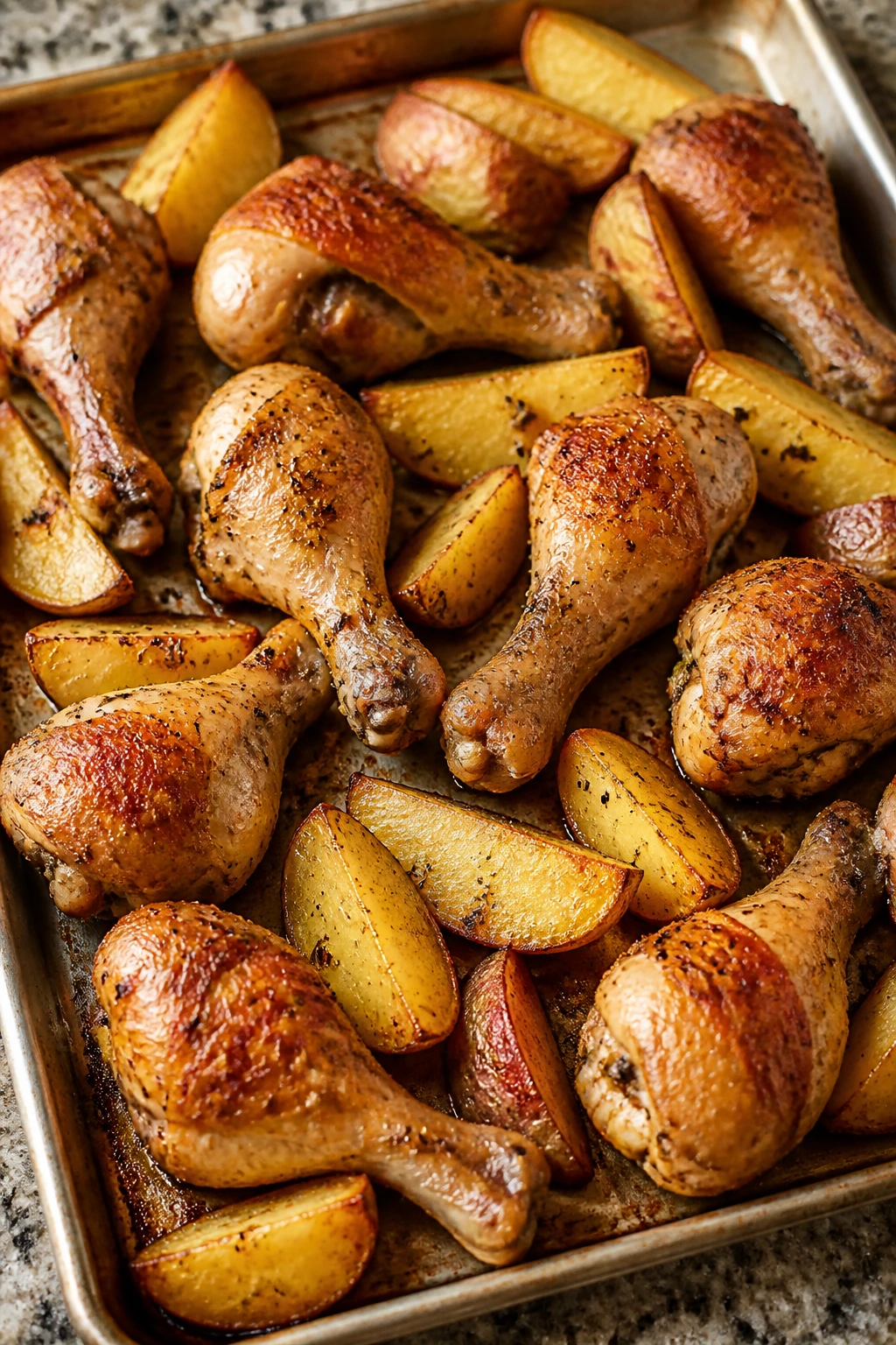 Sheet pan with crispy chicken drumsticks and potatoes