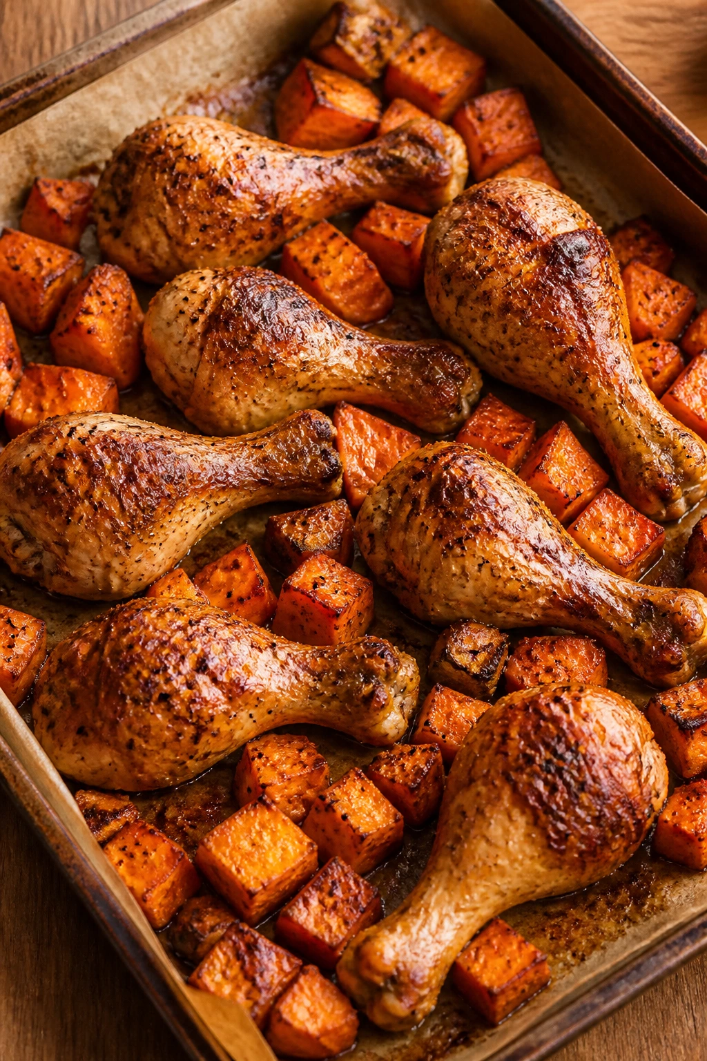 Bronzed chicken drumsticks with roasted sweet potatoes on a sheet pan
