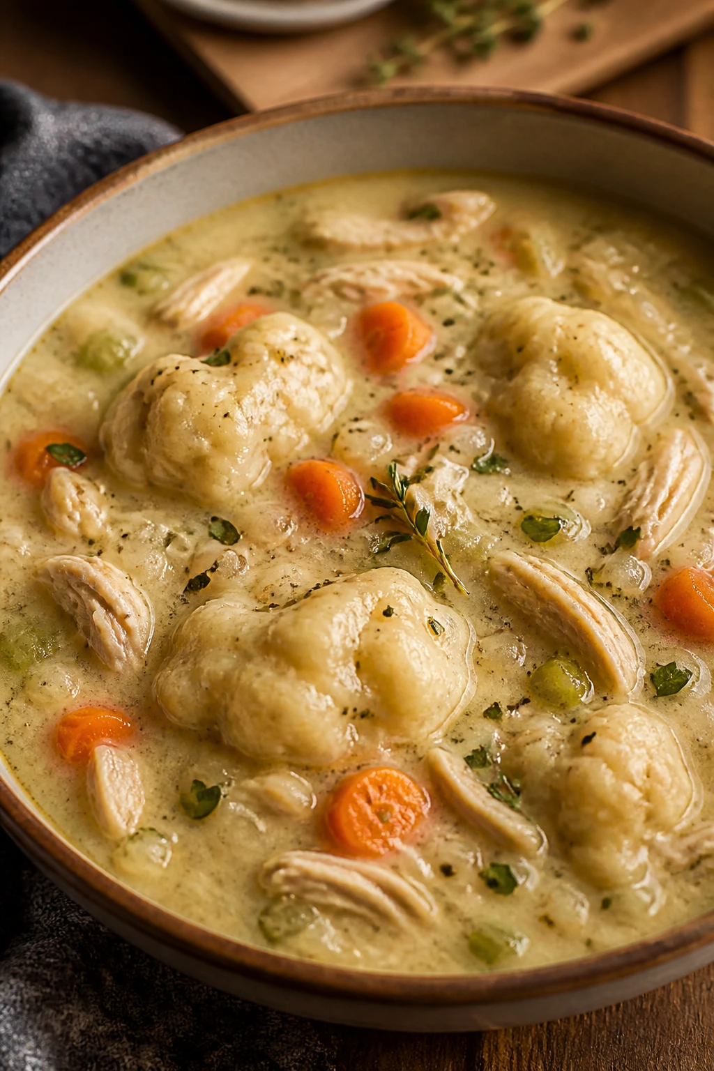 Bowl of chicken and dumpling soup with dumplings