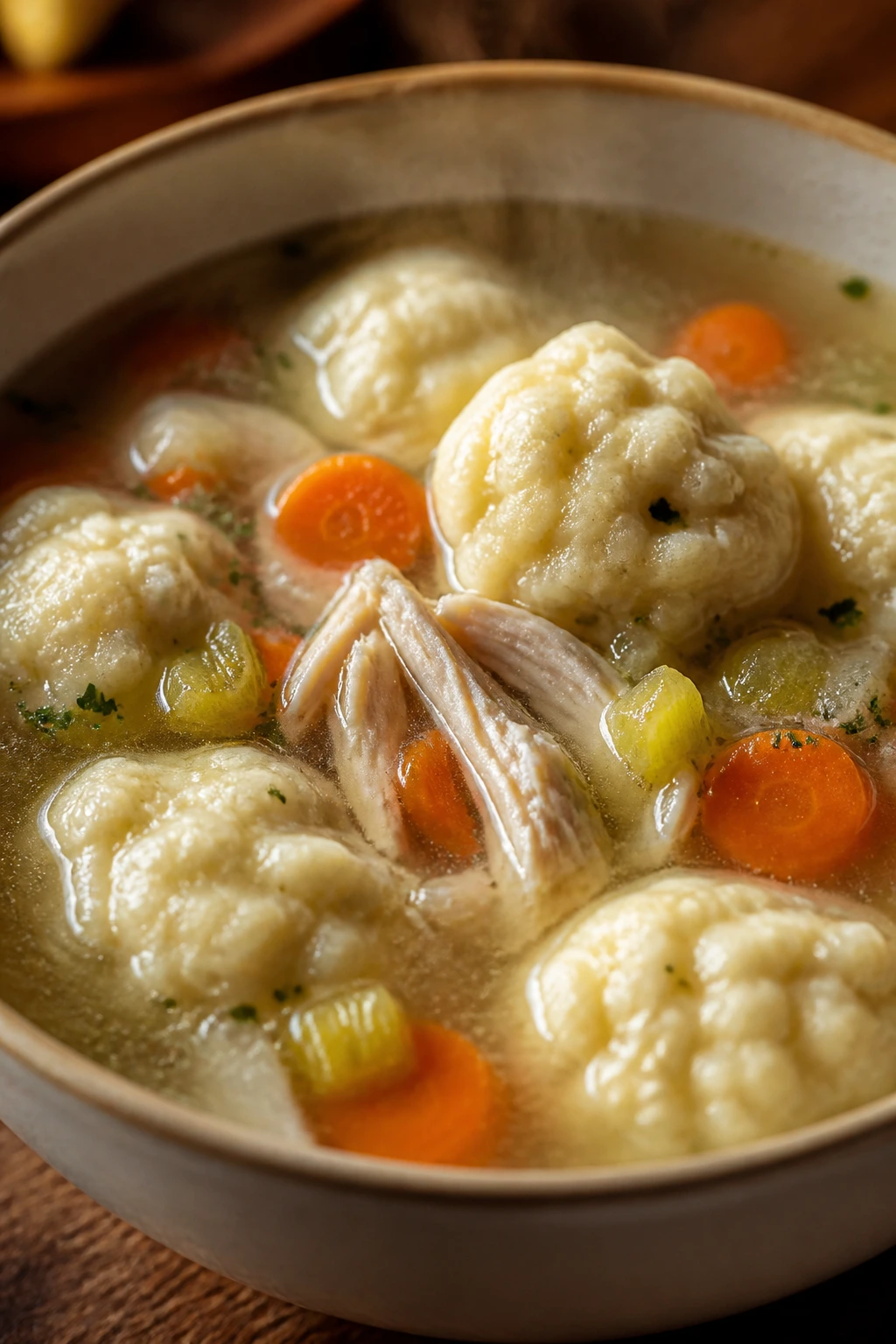 Close-up of chicken dumpling soup with puffed dumplings