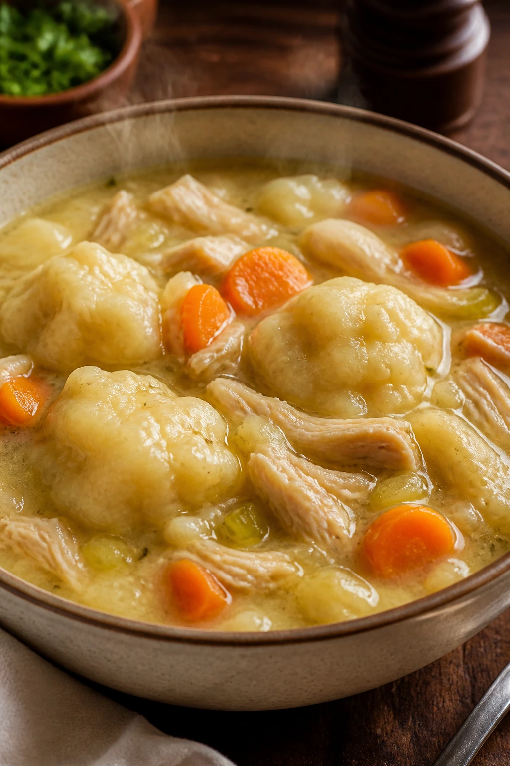 Steaming bowl of Chicken and Dumpling Soup with dumplings and carrots on a rustic table