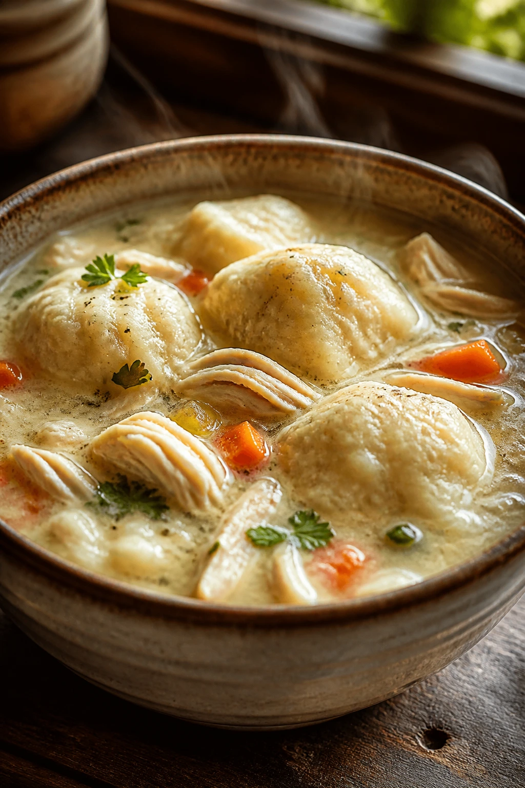 Close-up of steaming chicken and dumpling soup in a rustic bowl, dumplings visible