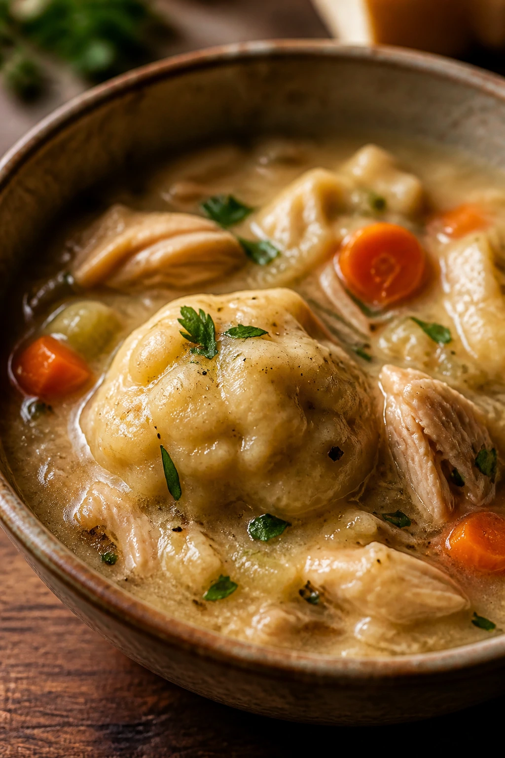 Close-up of dumpling in chicken stew with thick broth