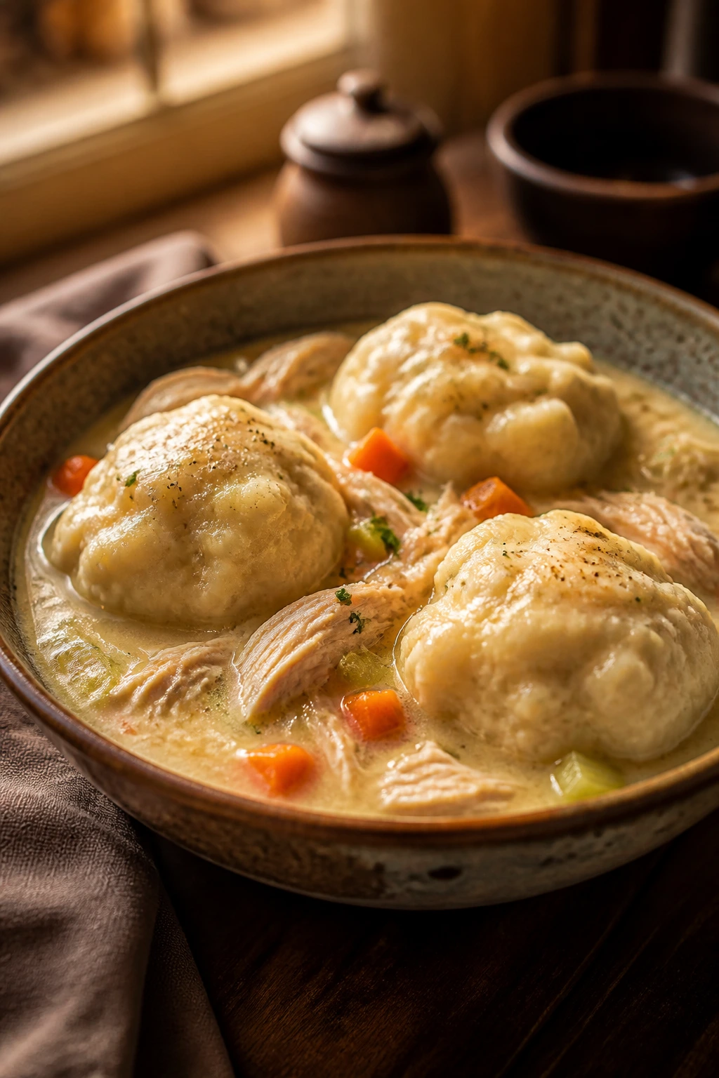 Rustic bowl of chicken and dumplings