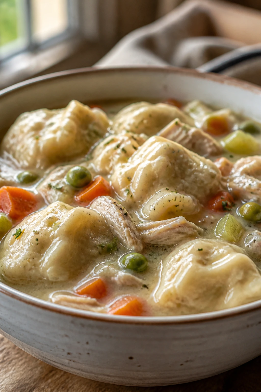 Creamy chicken and dumplings in a bowl