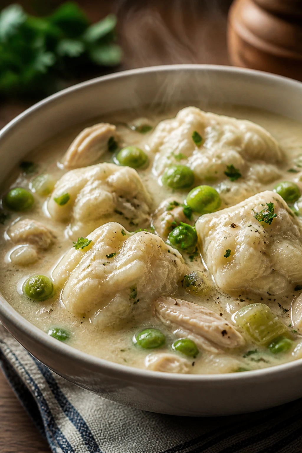 Steaming bowl of chicken and dumplings with peas and celery