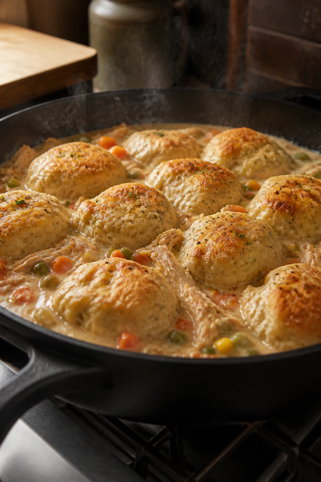 Skillet of chicken and dumplings with biscuit dumplings