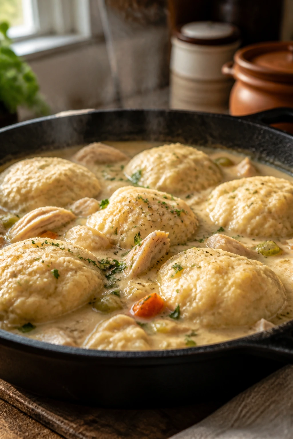 Close-up of skillet with chicken, dumplings, and broth