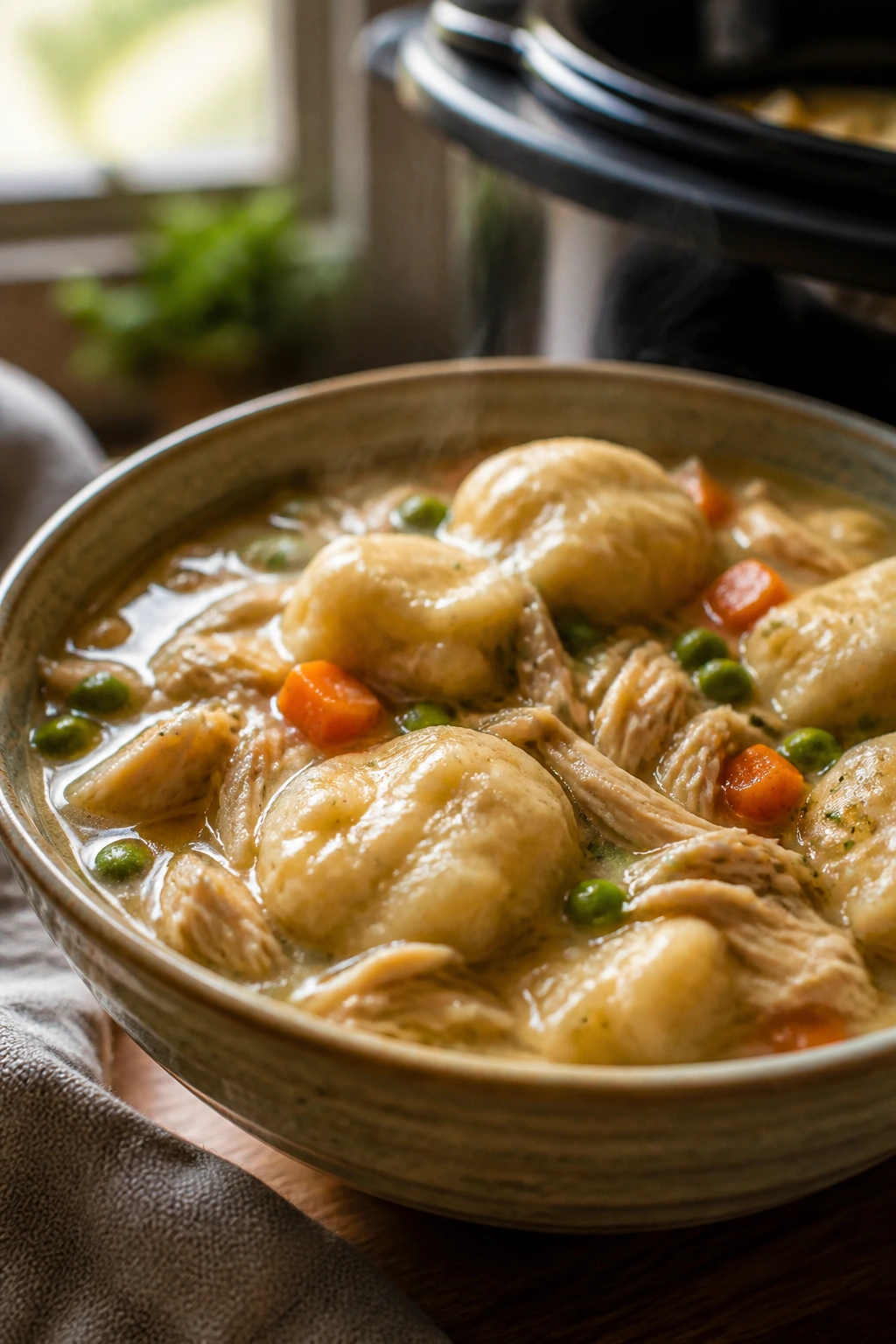 Steaming bowl of chicken and dumplings with dumplings and veggies
