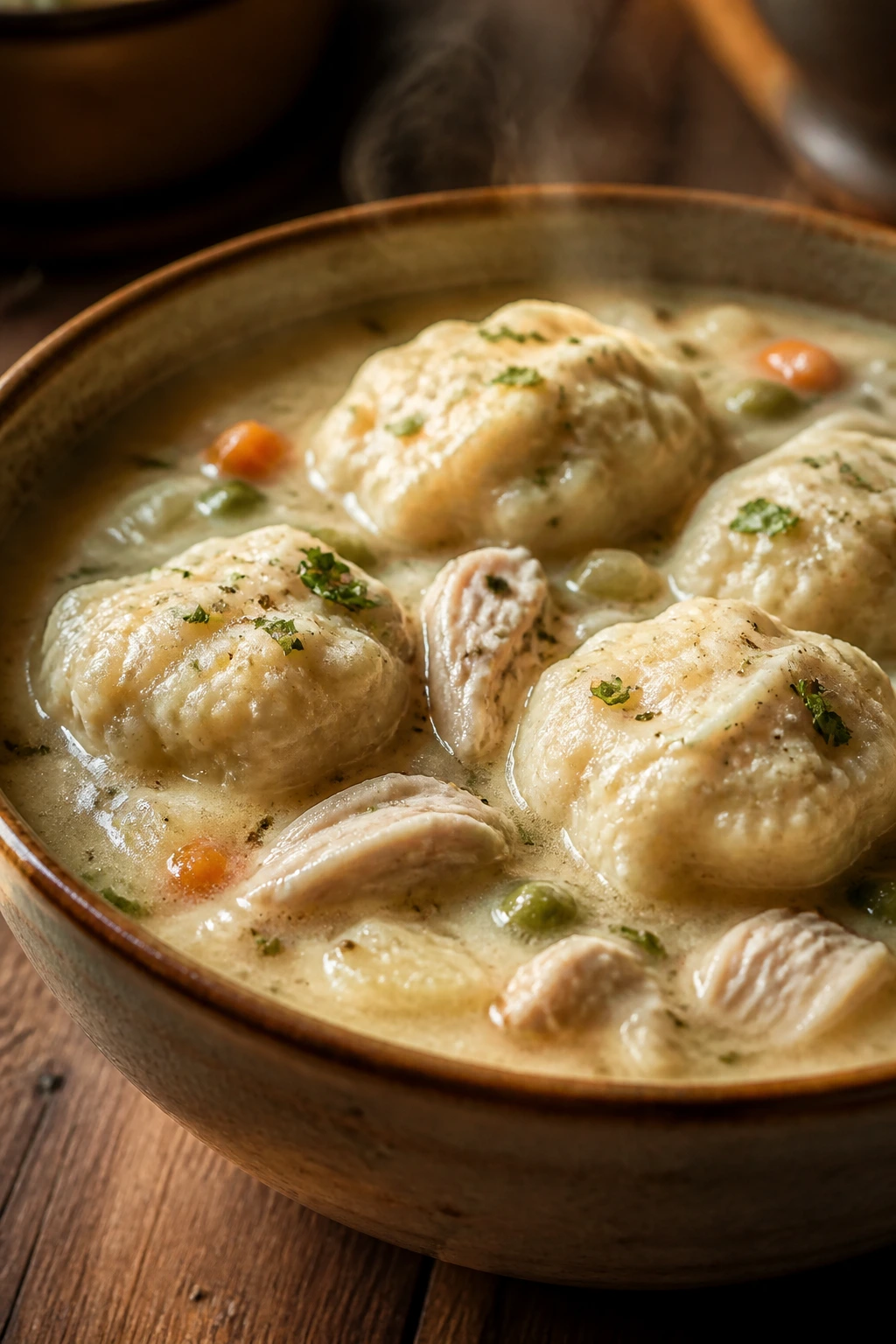 Close-up of dumplings in creamy chicken broth in a rustic bowl