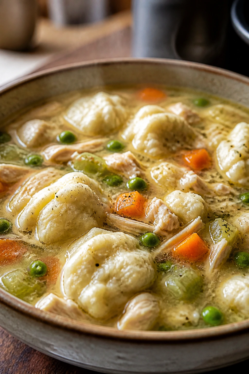 Steaming bowl of chicken and dumplings soup