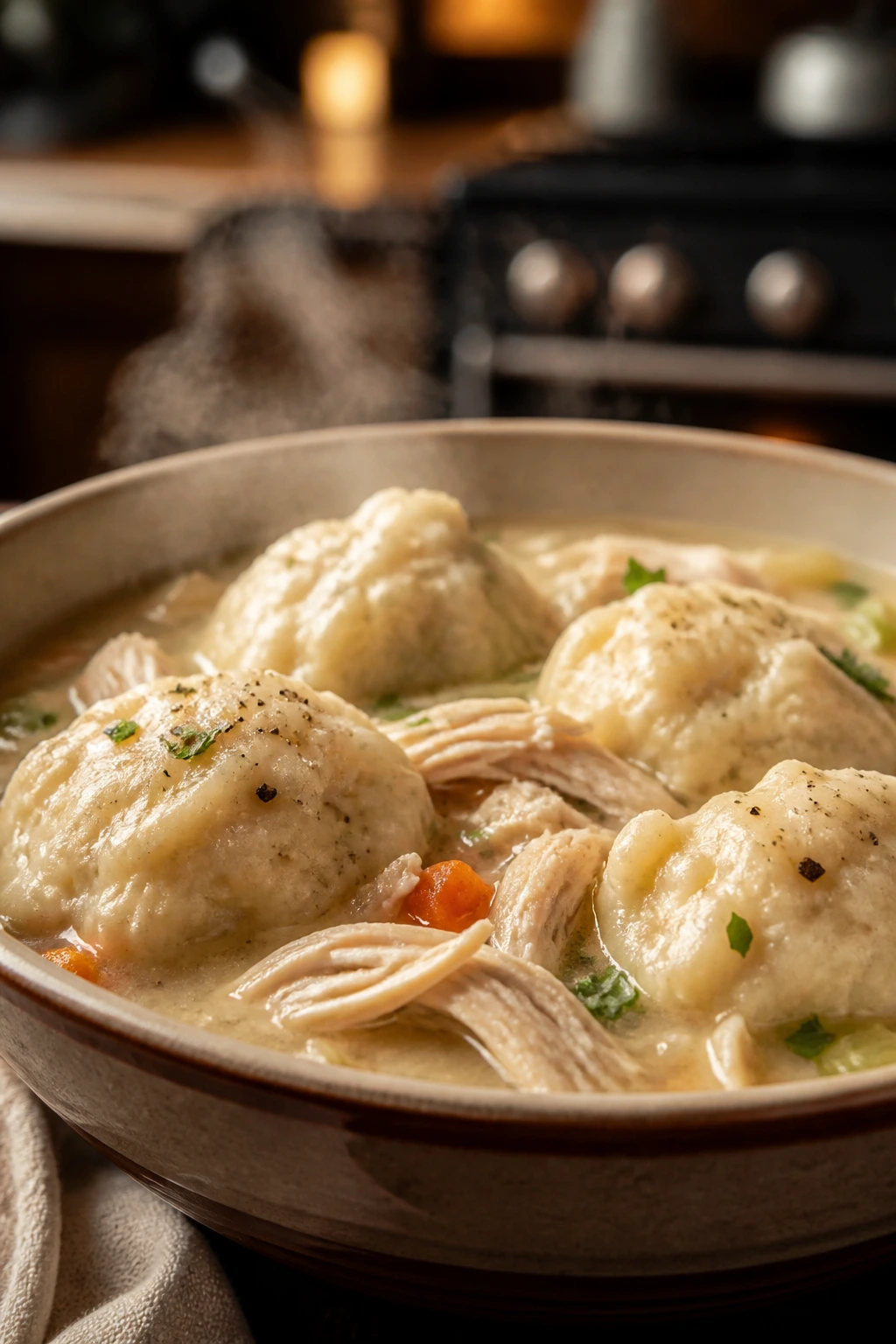 Steaming bowl of chicken and dumplings on a cozy kitchen table