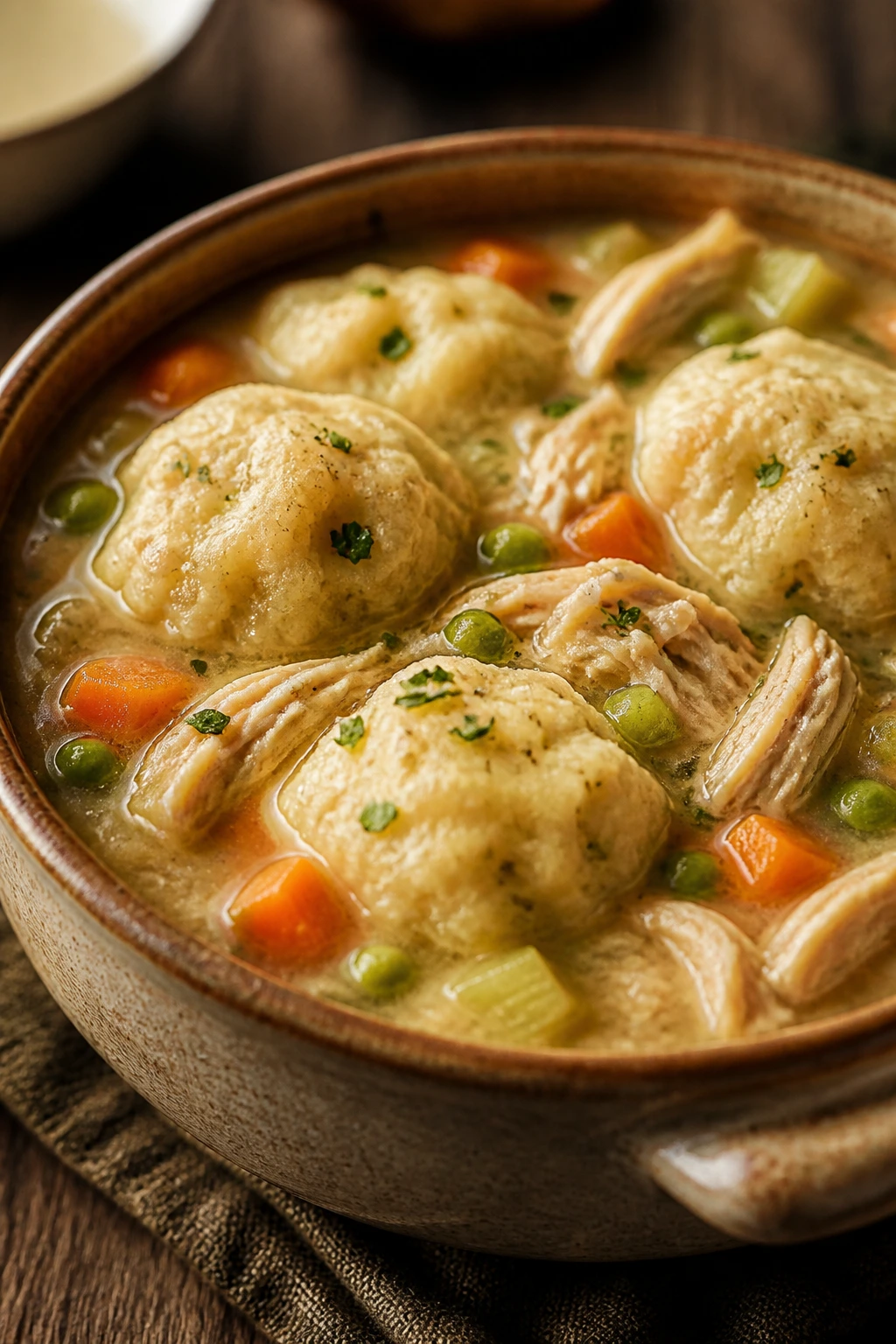 Close-up of chicken and dumplings stew with fluffy dumplings in a rustic bowl